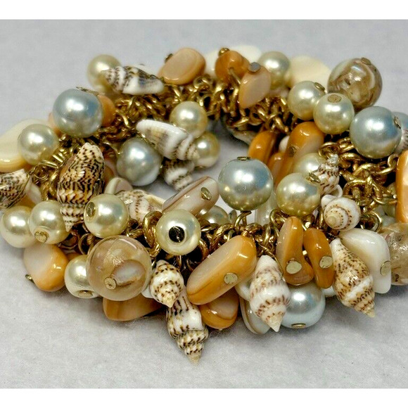 Cluster Bracelet Beads Faux Pearls Shells Stretch Chucky Jewelry 6.5" - Picture 3 of 10